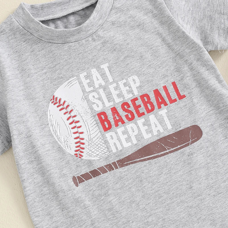 Baby Toddler Boys 2Pcs Eat Sleep Baseball Repeat Outfit Baseball Letter Print Short Sleeve Top and Elastic Shorts Clothes Set