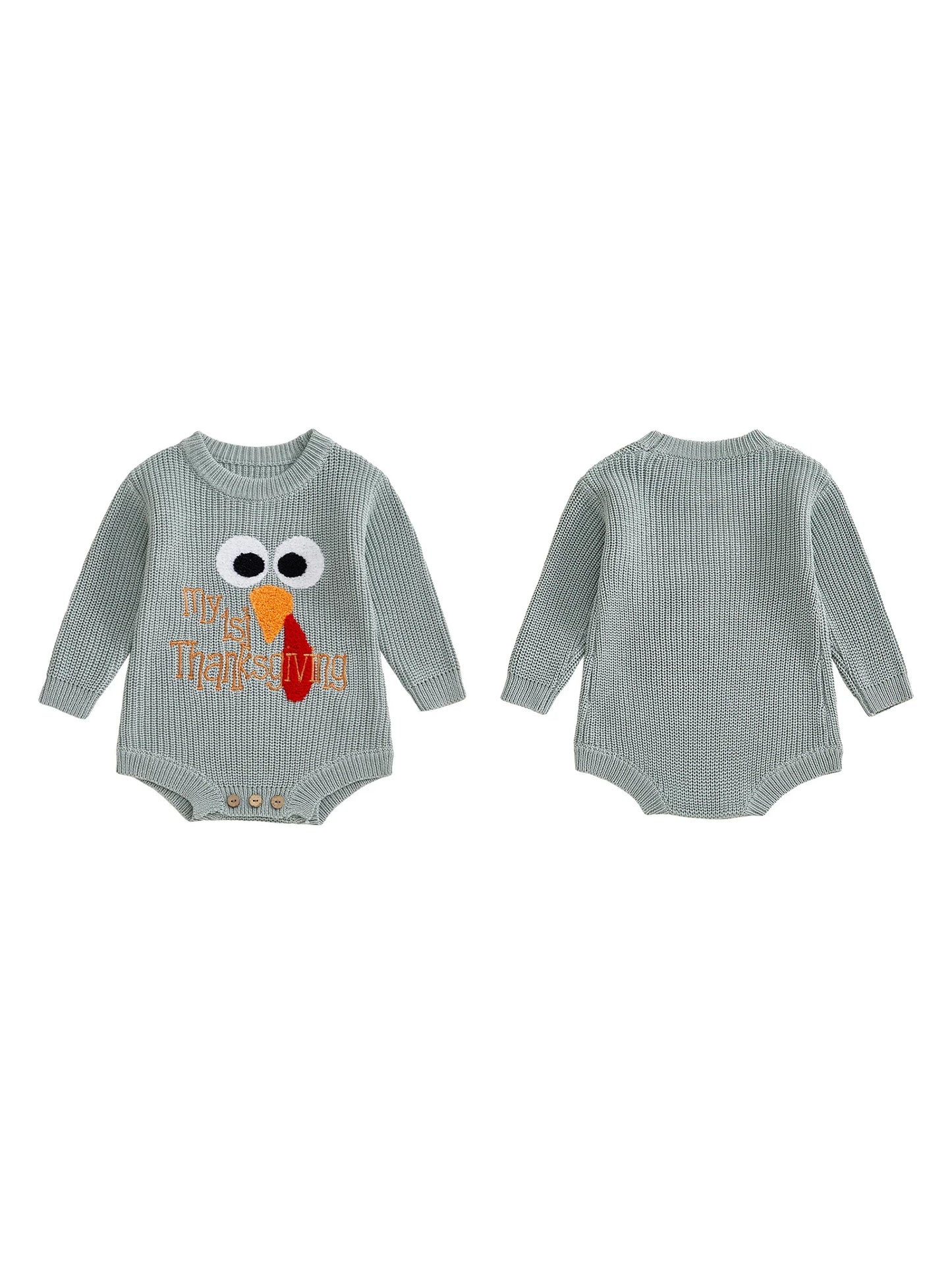 Baby Boys Girls My First Thanksgiving Romper Turkey Embroidery Long Sleeve Crew Neck Knit Bodysuit Romper