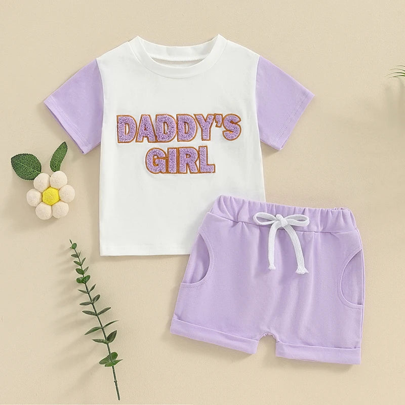 Toddler Baby Girls 2Pcs Daddy's Girl Spring Summer Set Fuzzy Letter Embroidery Short Sleeve Top Drawstring Shorts Outfit