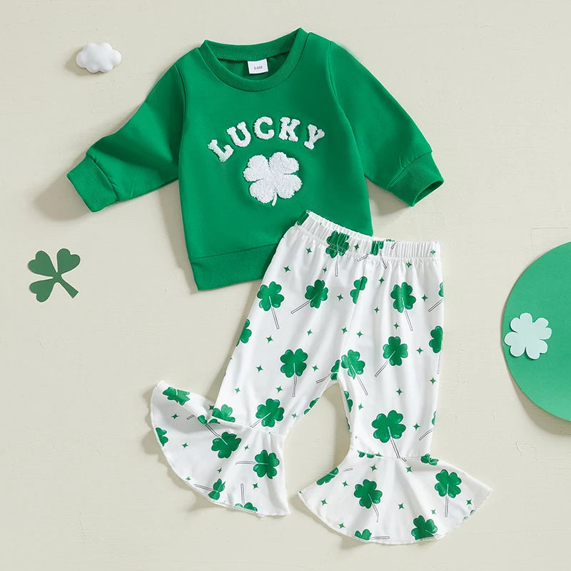 Baby Toddler Girls 2Pcs Lucky St. Patrick's Day Outfit Four Leaf Clover Long Sleeve Crewneck Top and Elastic Flare Pants Set Clothes