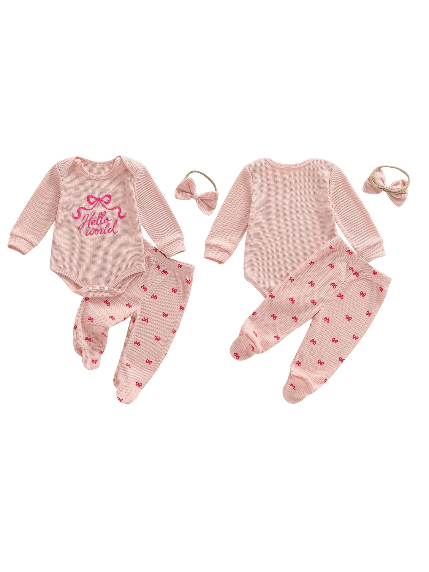 Baby Girl 3Pcs Hello World Spring Outfits Waffle Bow Letter Embroidered Long Sleeve Romper Footie Pants and Bow Headband 3 Pcs Set