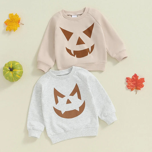 Baby Toddler Boys Girls Halloween Pumpkin Face Print Long Sleeve Round Neck Casual Pullover Top