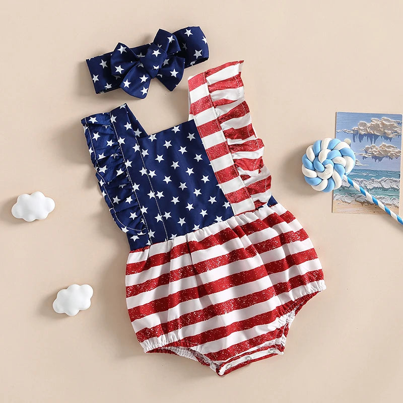 Baby Girl 2Pcs 4th of July Outfit Sleeveless Backless Ruffle Romper USA Flag with Headband Set