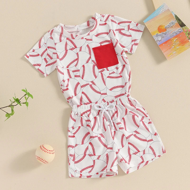 Baby Toddler Boys 2Pcs Baseball Print Pocket Short Sleeve Top Elastic Waist Shorts Clothes Set Outfit