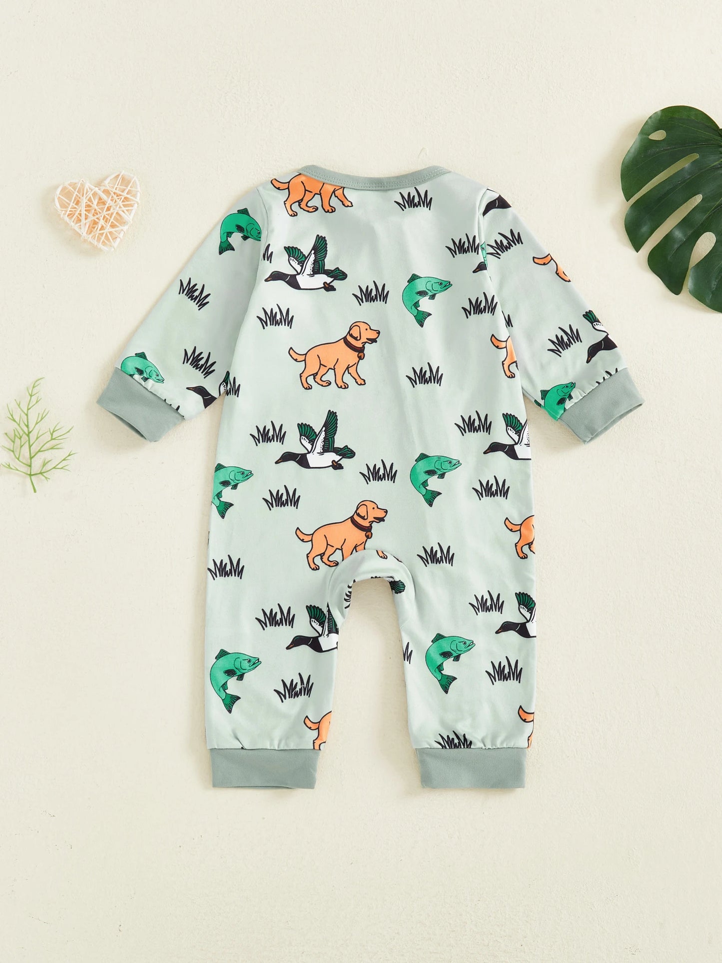 Baby Boys Girls Jumpsuit Casual Long Sleeve Round Neck Animal Grass Print Zipper Romper Footless Newborn Outfit