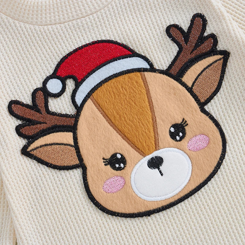 Baby Toddler Boys Girls 2Pcs Christmas Outfit Deer Embroidery Crew Neck Long Sleeve Rompers Suspender Overalls Pants Set