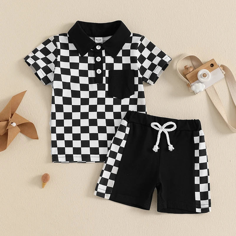 Baby Toddler Boys 2Pcs Set Short Sleeve Lapel Collar Checkered Print Top and Drawstring Shorts Outfit