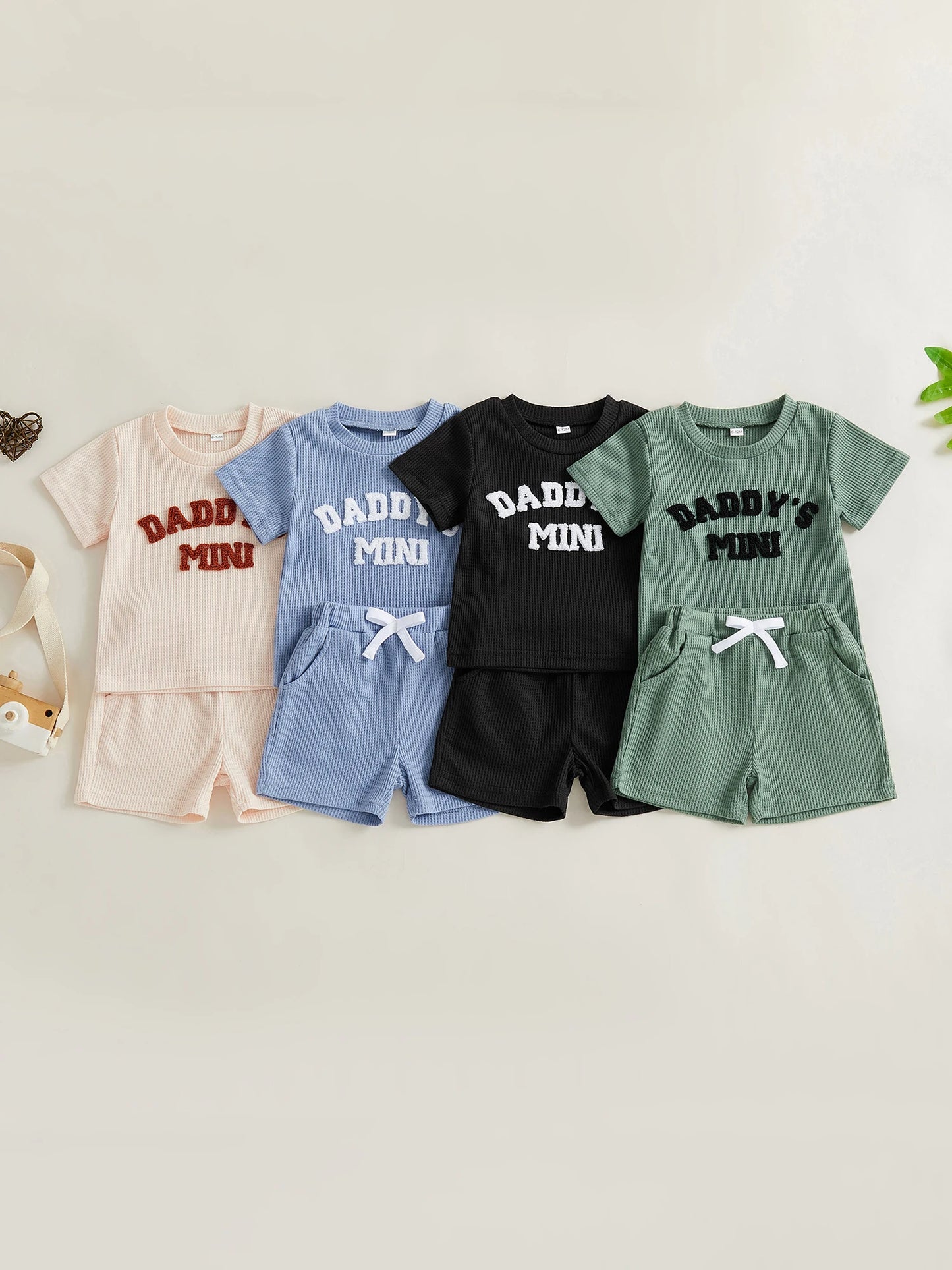 Baby Toddler Boys 2Pcs Daddy's Mini Summer 2 Piece Outfits Short Sleeve Round Neck Letter Embroidery Waffle Top and Shorts Set