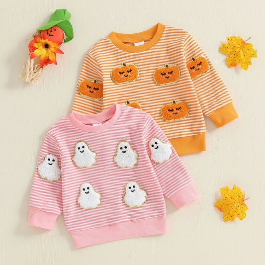 Baby Toddler Girls Boys Long Sleeve Crew Neck Ghost Pumpkin Striped Pullover Halloween Top Clothes