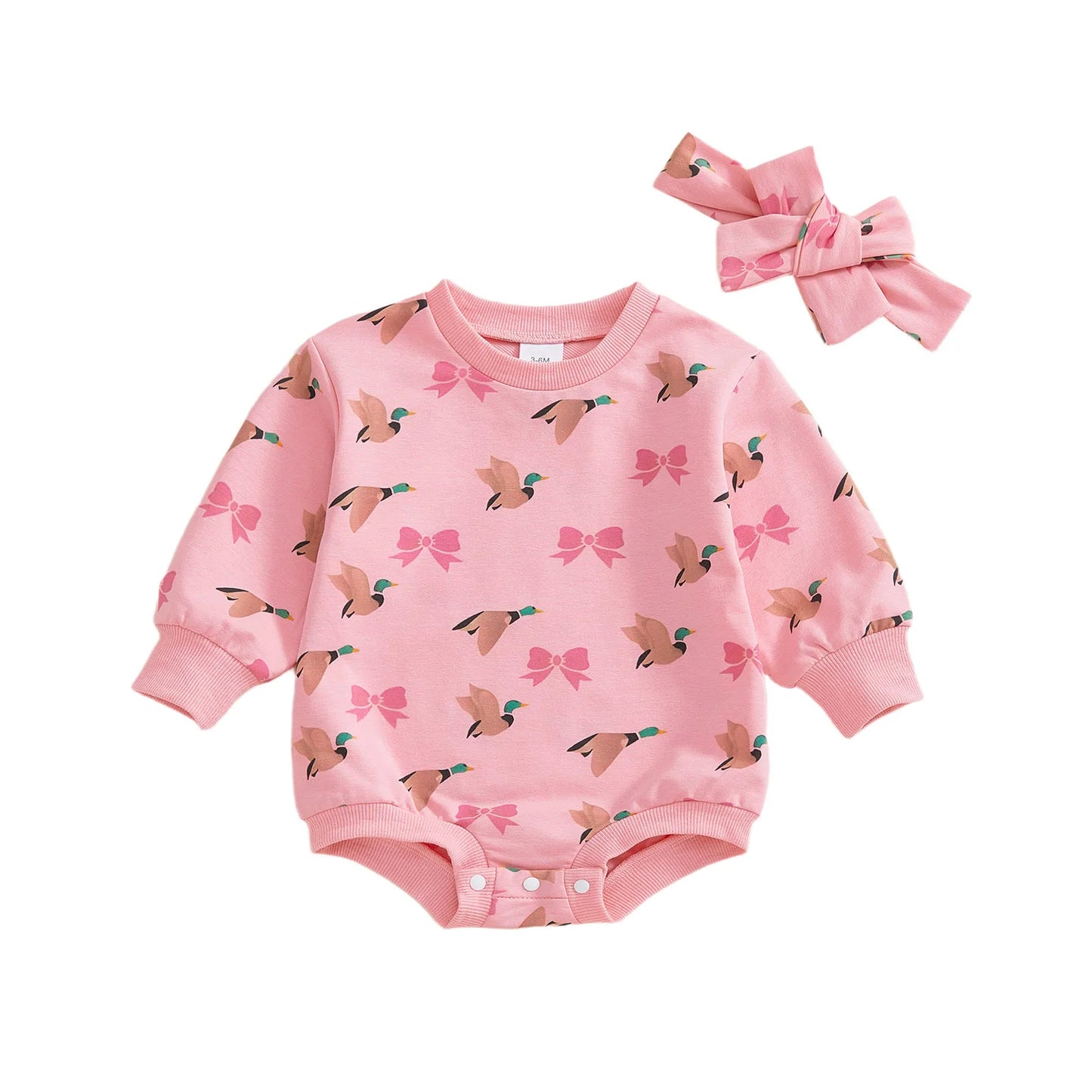 Baby Girls 2Pcs Romper Round Neck Duck and Bow Print Long Sleeve Jumpsuit with Headband Set