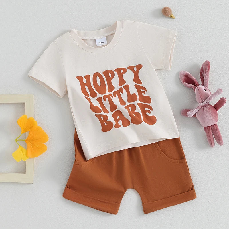 Baby Toddler Girls Boys 2Pcs Easter Clothes Set Hoppy Little Babe / Honey Bunny Letter Print Short Sleeve Top Solid Shorts Outfit