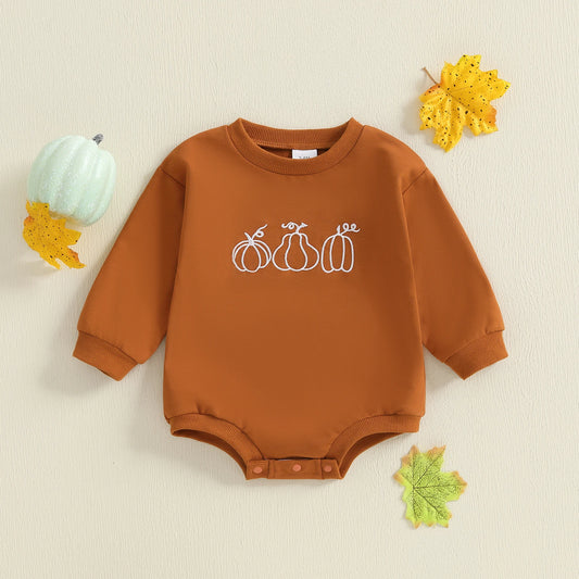 Baby Boys Girls Halloween Thanksgiving Fall Bubble Romper Casual Pumpkin Embroidery Long Sleeve Jumpsuit Toddler Cute Clothes