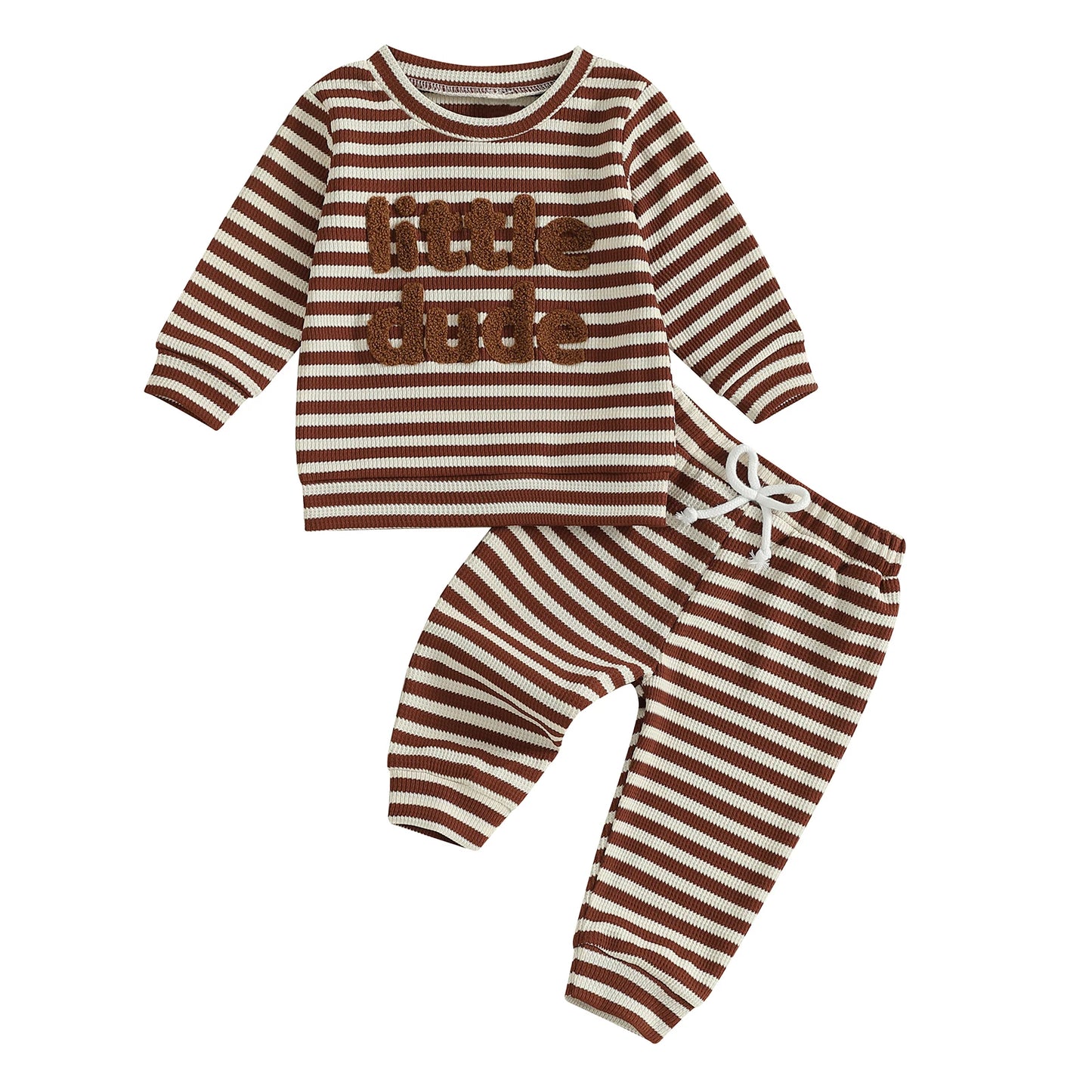 Baby Toddler Boys 2Pcs Mama's Boy / Little Dude Waffle Outfit Letter Embroidery Striped Long Sleeve Top and Elastic Pants Set