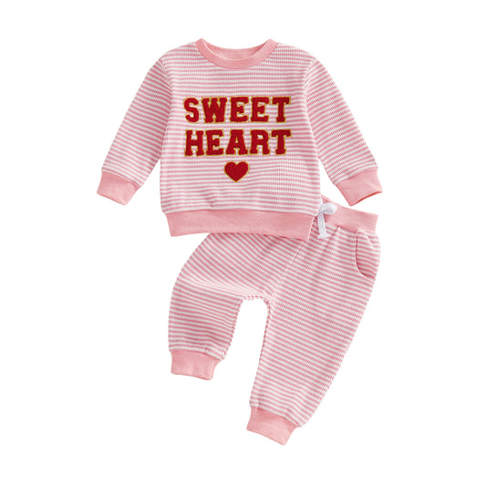 Baby Toddler Girl 2Pcs Sweet Heart Valentine’s Day Outfits Long Sleeve Stripes Top Pocket Pants Jogger Set Toddler Clothes