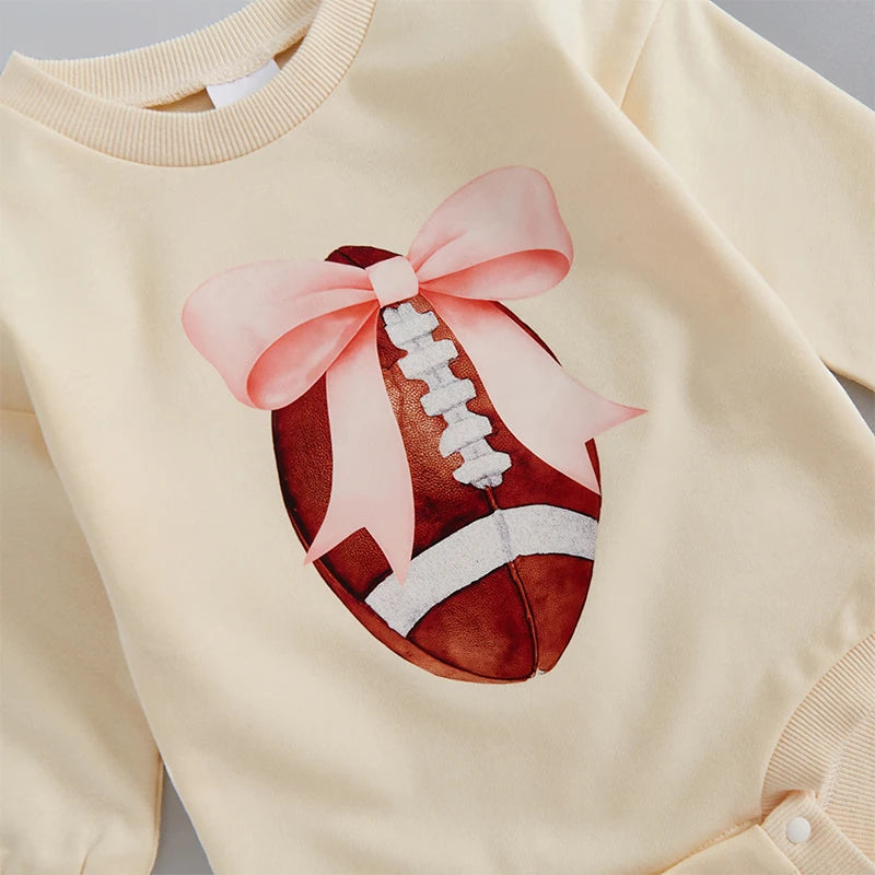 Baby Girls Bubble Romper Long Sleeve Crew Neck Bow Football Print Fall Bodysuit