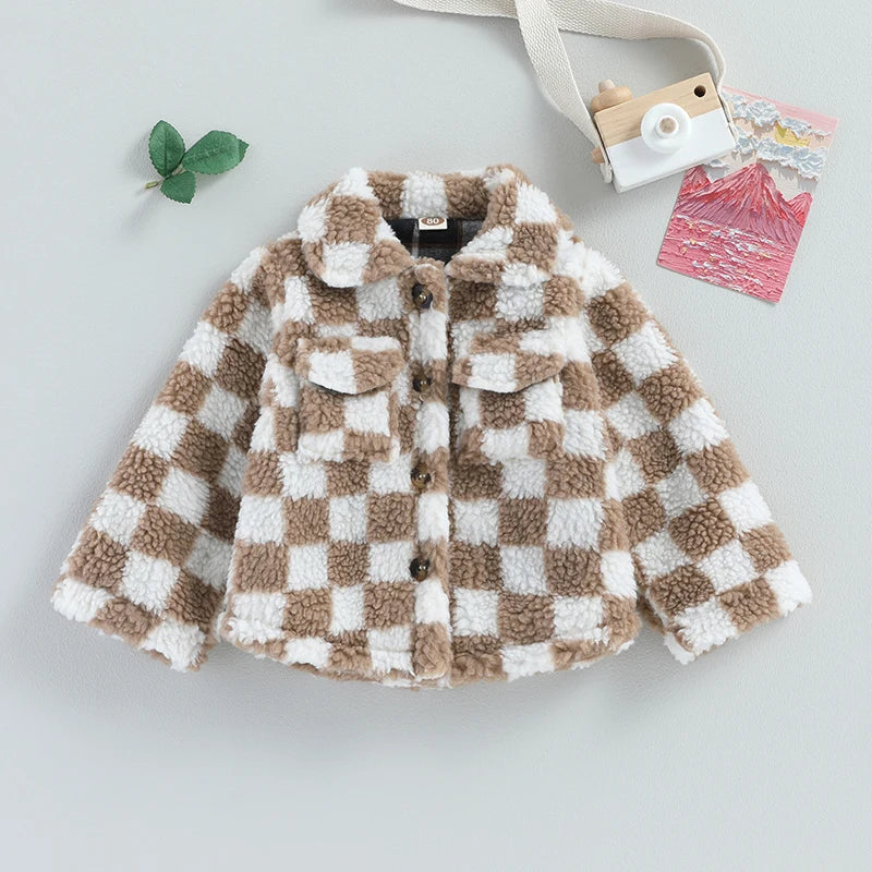 Baby Toddler Girls Plaid Checkered Fleece Coat with Turn-Down Collar Long Sleeves Button-Down Closure and Sherpa Lining - Stylish Winter Outerwear