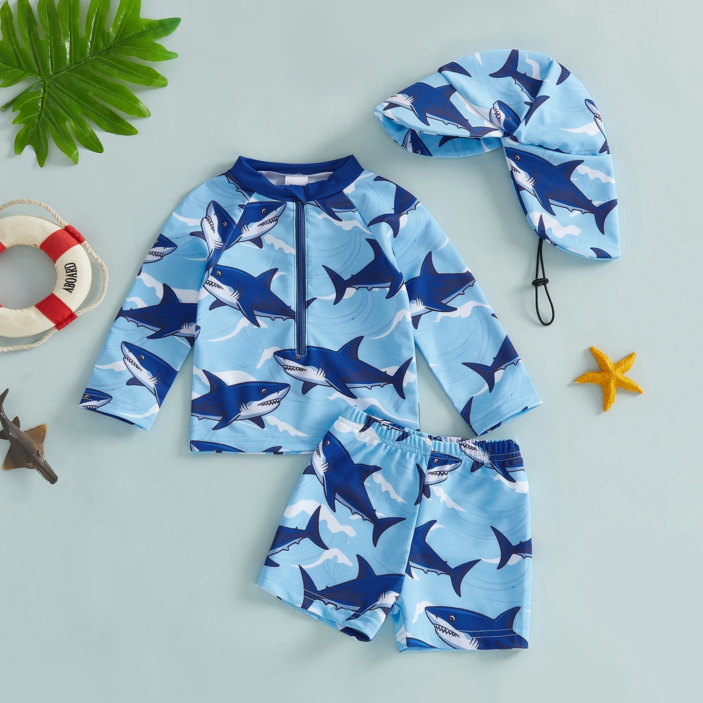 Baby Toddler Boys 3Pcs Rash Guard Swimsuit Print Zip Up Long Sleeve Swimwear Top Swim Shorts and Hat Set