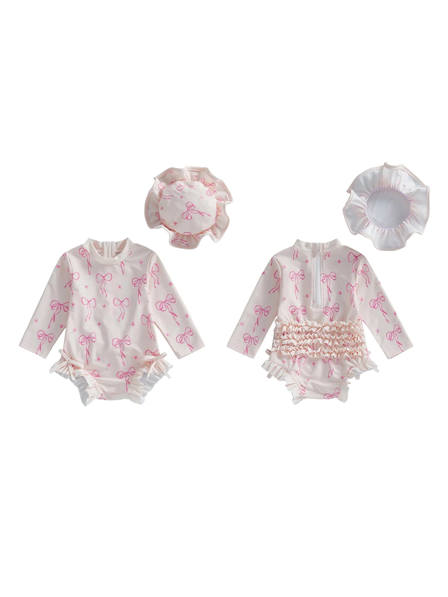 Baby Toddler Girls 2Pcs Rash Guard Swimsuit Set Girls Bow Print Long Sleeve Round Neck Ruffle Jumpsuit and Hat Set for Pool Beach