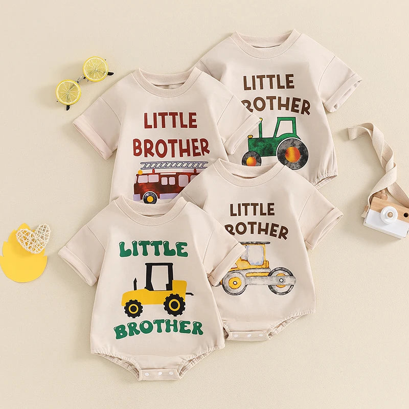 Baby Boy Summer Romper Little Brother Short Sleeve Round Neck Fire Truck Tractor Letter Print Bodysuit