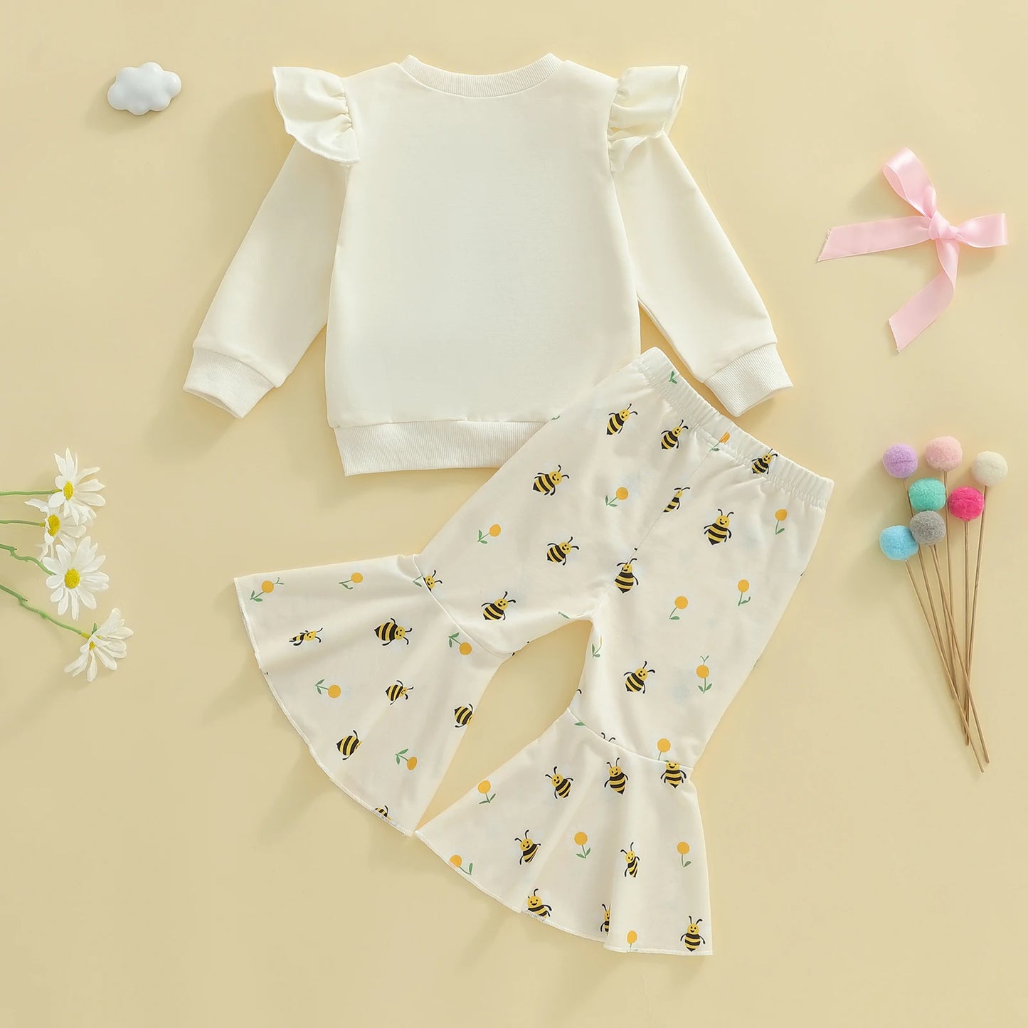 Baby Toddler Girls 2Pcs Pants Sets Long Sleeve O Neck Bear Embroidery Top Bee Print Flared Pants