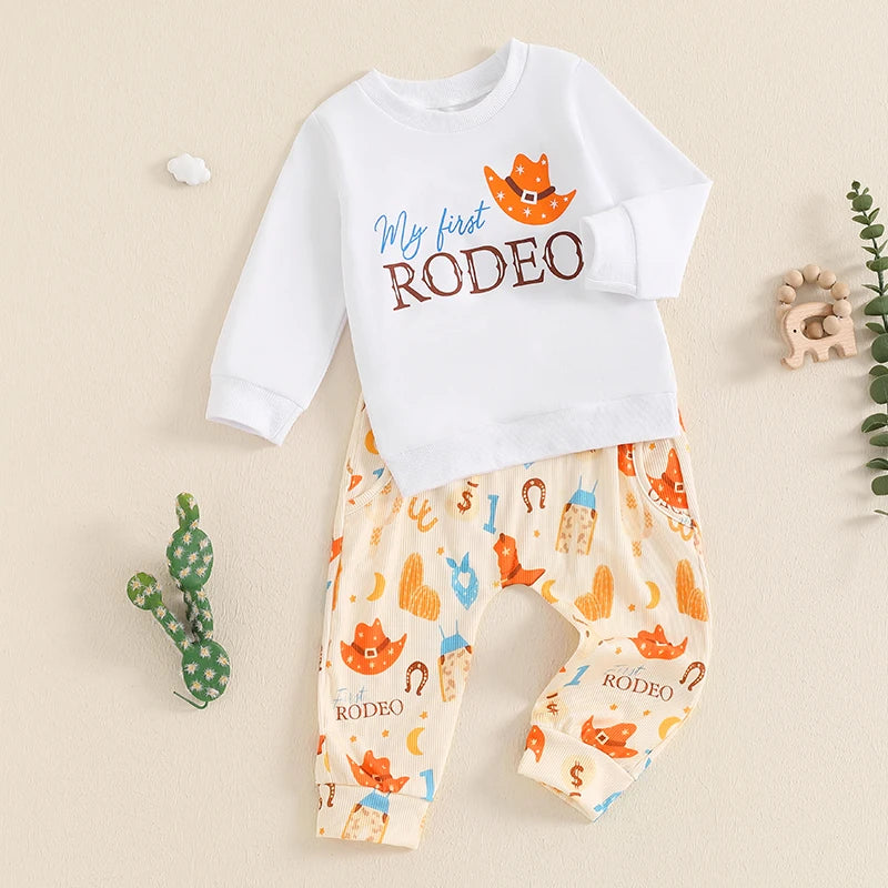 Baby Toddler Boys Girls 2Pcs My First Rodeo Set Cowboy Letter Print Long Sleeve Round Neck Top Pockets Long Pants Outfit