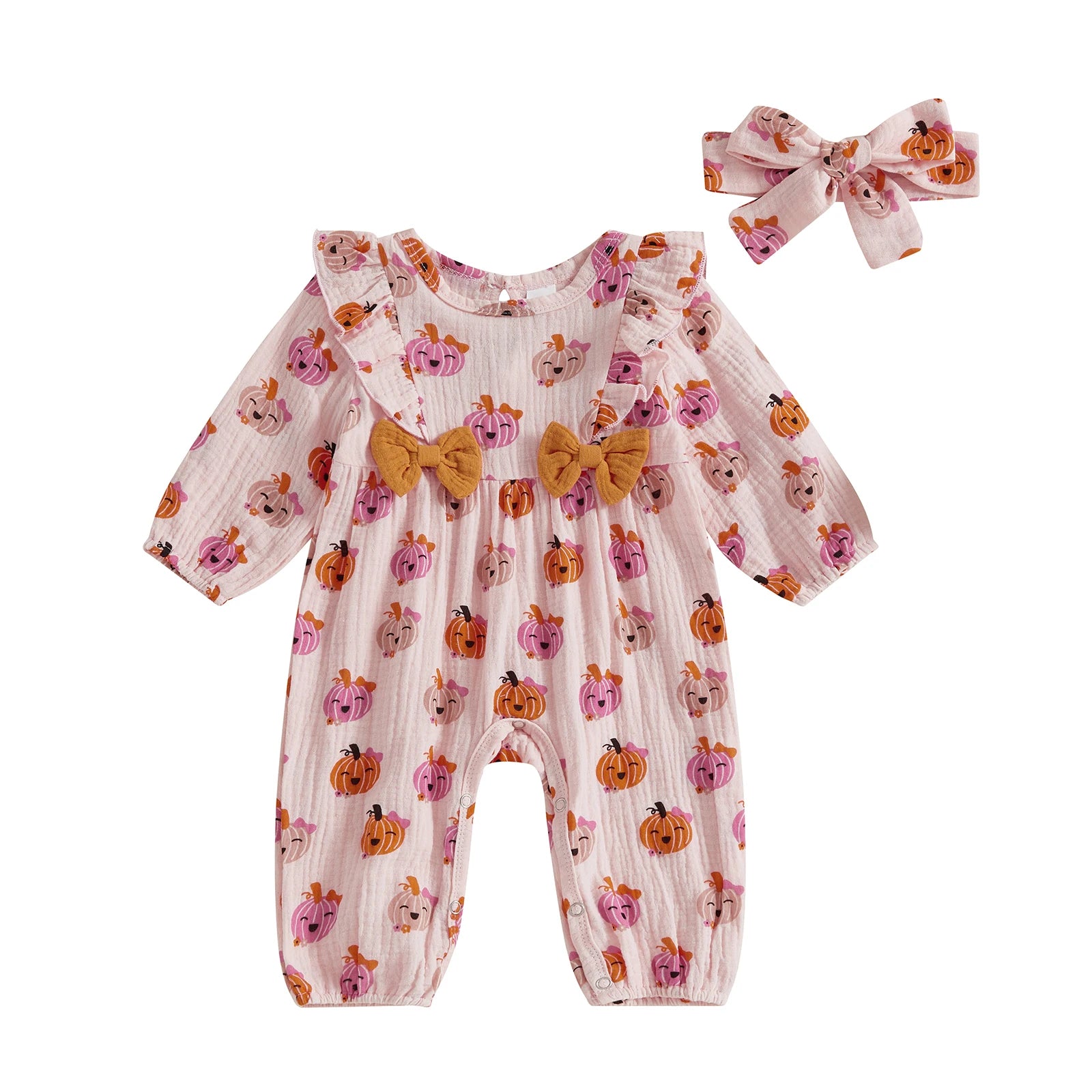 Baby Girl 2Pcs Halloween Outfit Pumpkin Ruffle Trim Long Sleeve Romper Tie-up Headband Cotton Linen Set