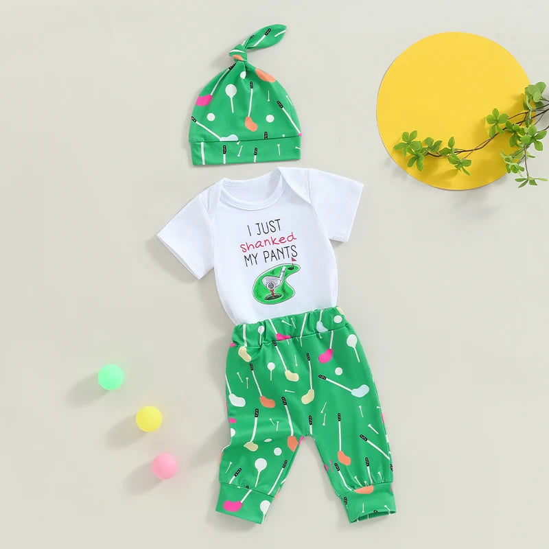 Baby Boys 3Pcs I Just Shanked My Pants Summer Outfit Letter Golf Print Crew Neck Short Sleeve Romper Long Pants Hat Clothes Set