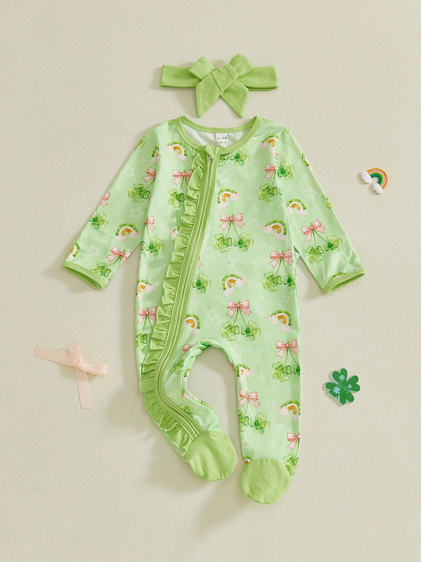 Baby Girl 2Pcs Romper Irish Clover Rainbow Print Long Sleeve Zipper Romper St. Patrick's Day Footed Jumpsuit with Headband Set