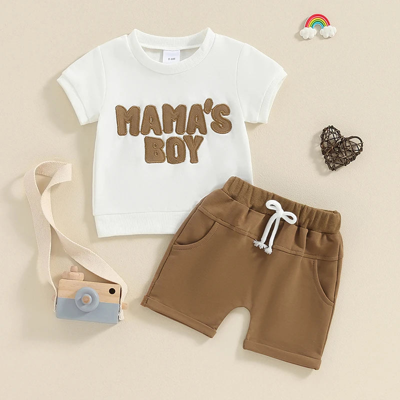 Toddler Baby Boy 2Pcs Mama's Boy Letter Embroidery Short Sleeve Top Solid Shorts Outfit Set