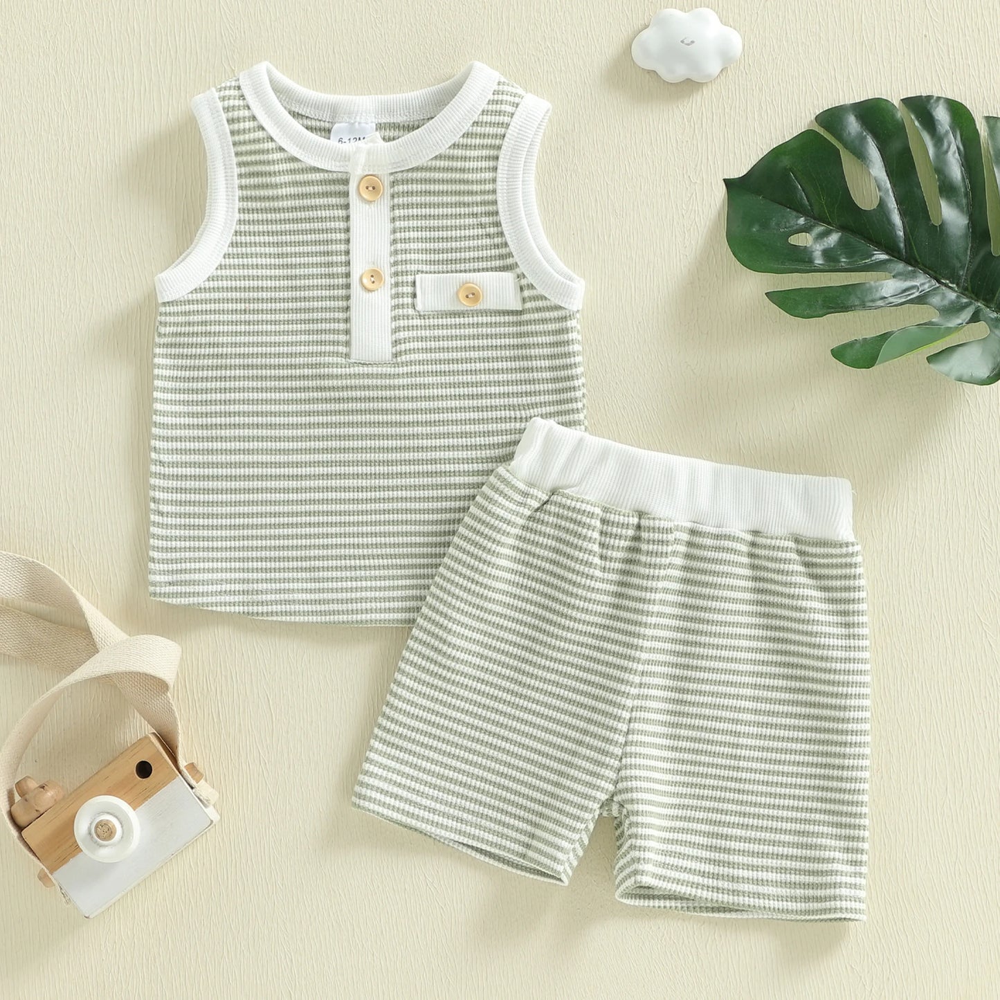 Baby Toddler Boys 2Pcs Summer Outfit Contrast Color Striped Half Button Up Crew Neck Sleeveless Tank Top and Shorts Set