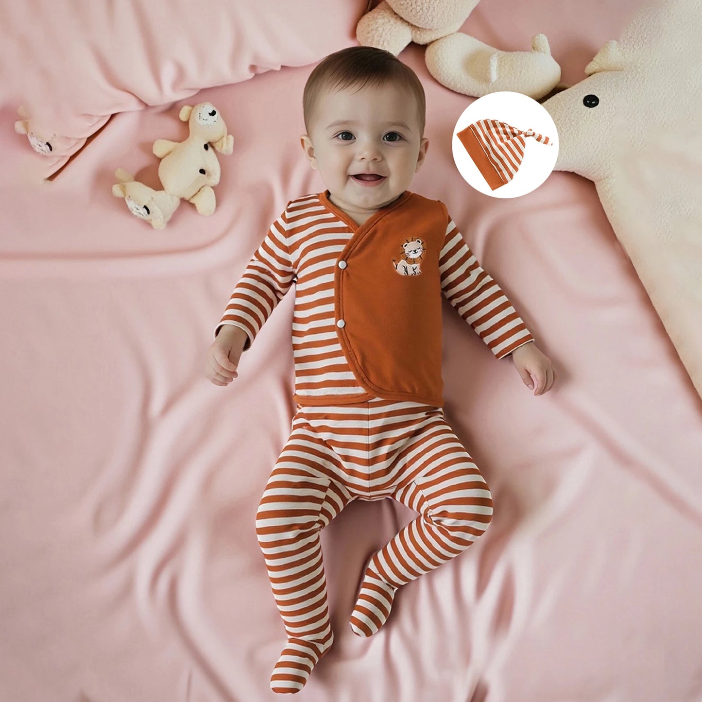 Baby Boys 3PCS Outfit Sets Long Sleeve Lion Embroidery Top Striped Pants Hat Set