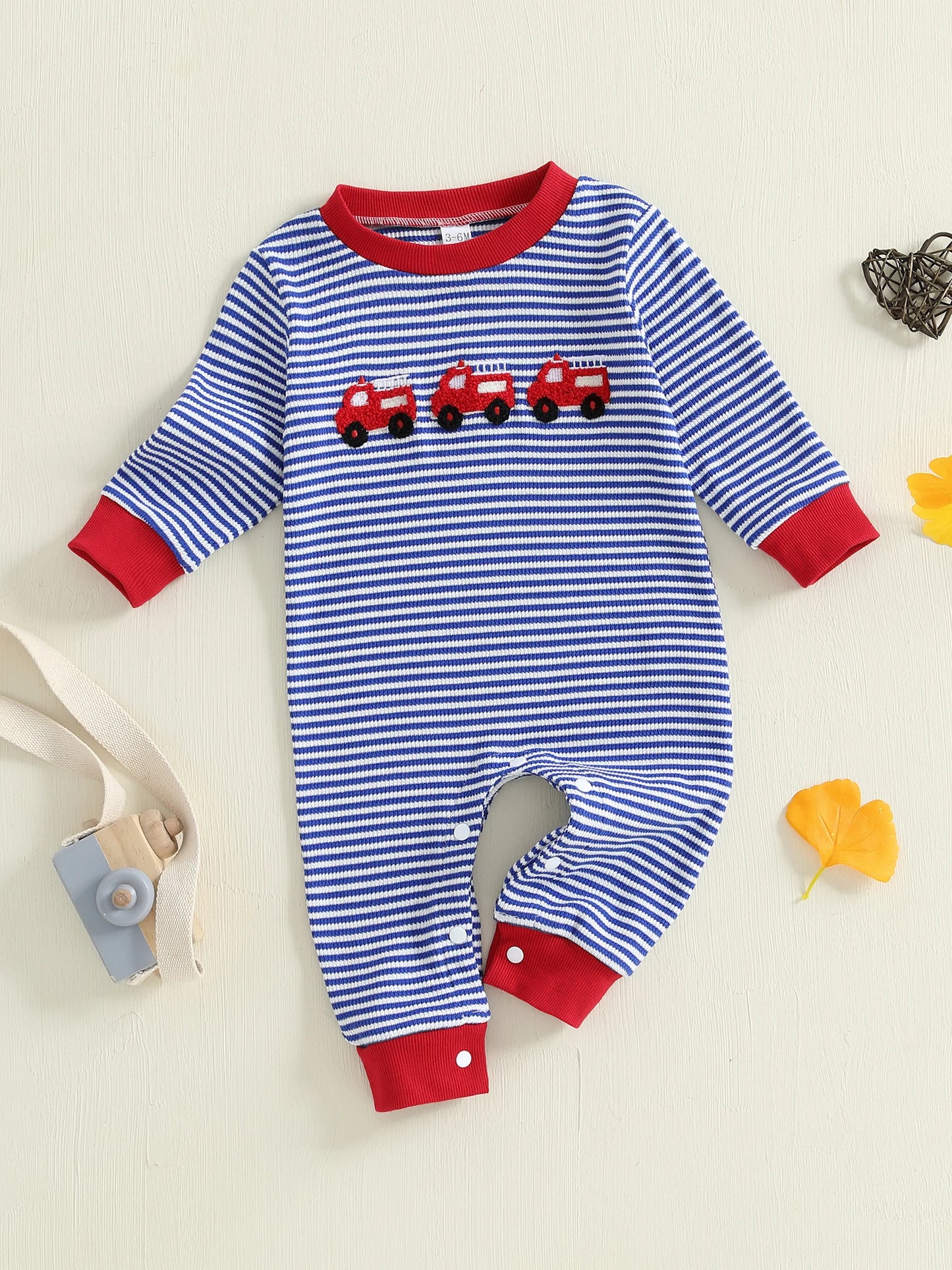 Baby Boy Fall Romper Striped Fire Truck Embroidered Crewneck Long Sleeve Full Length Jumpsuit