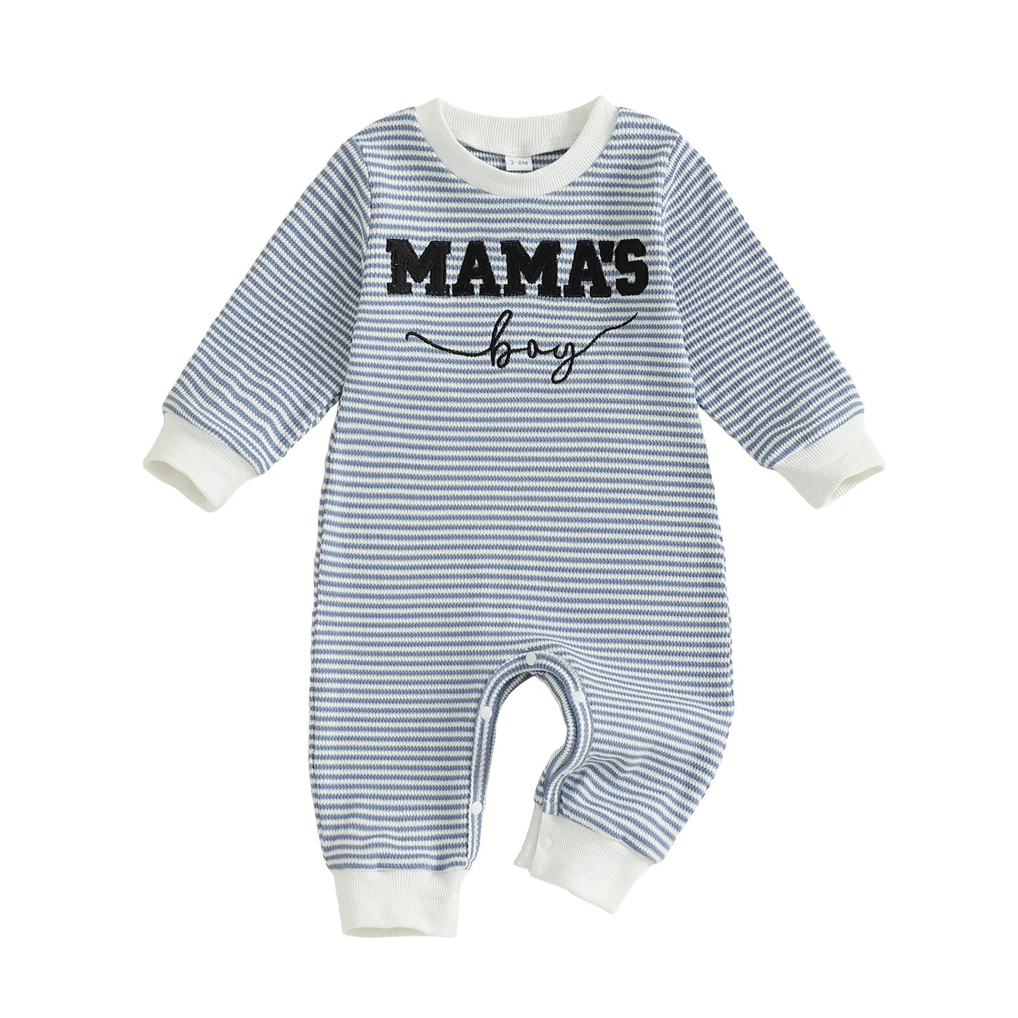 Baby Boys Mama's Boy Fall Romper Letter Embroidery Long Sleeve Round Neck Full Length Waffled Stripe Jumpsuit