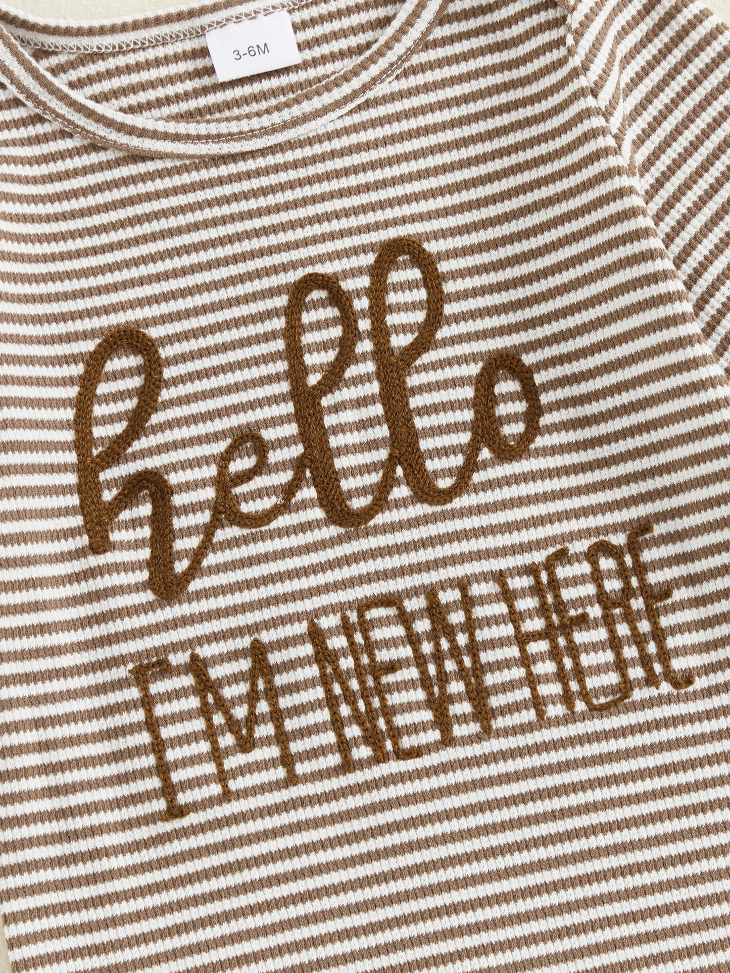 Baby Boy 2Pcs Striped Hello I'm New Here Romper Letters Embroidery Round Neck Long Sleeve Jumpsuit with Hat Set