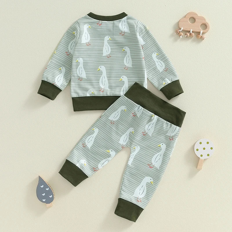 Baby Toddler Boys Girls 2Pcs Fall Outfit Duck Print Long Sleeve Top Elastic Waist Pants Set