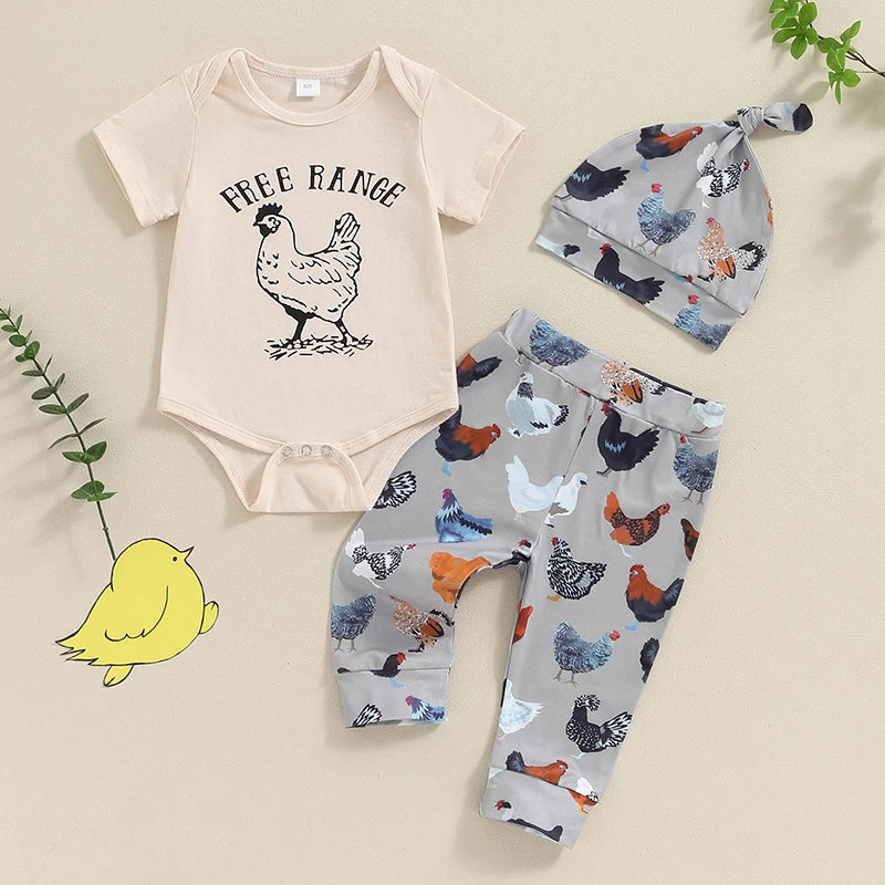 Baby Boys Girl 3Pcs Free Range Outfit Hen Chicken Print Short Sleeve Romper with Pants and Hat Set