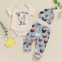 Load image into Gallery viewer, Baby Boys Girl 3Pcs Free Range Outfit Hen Chicken Print Short Sleeve Romper with Pants and Hat Set

