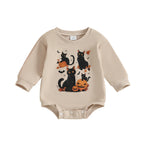 Baby Boys Girls Halloween Bubble Romper Long Sleeve Round Neck Black Cat Ghost Print Romper Fall Playsuit