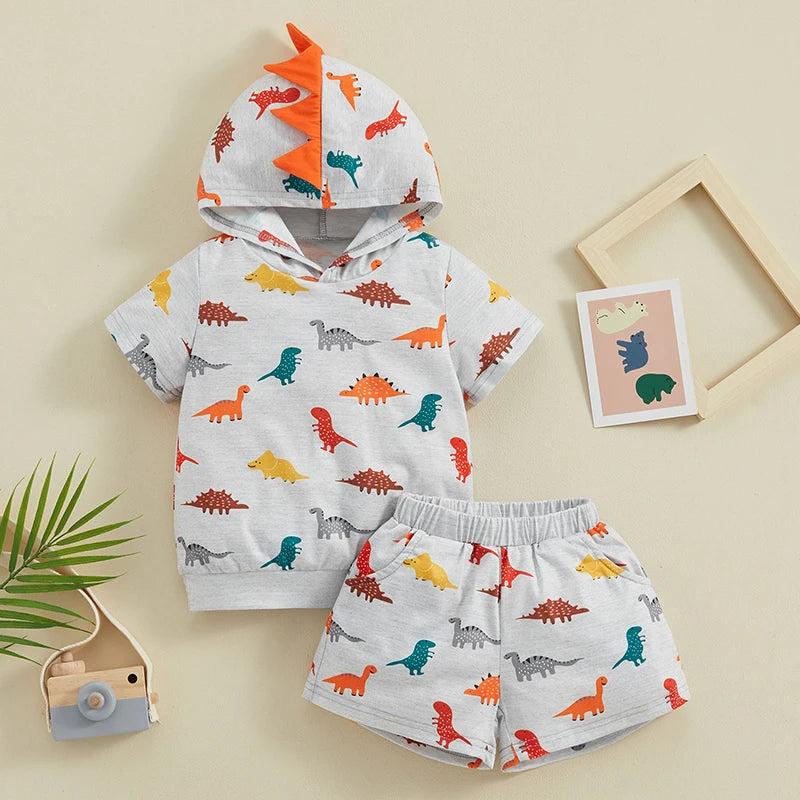 Toddler Kids Boys 2Pcs Dinosaur Outfit Cartoon Print Hooded Short Sleeve Top and Matching Elastic Waist Shorts Set