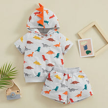 Load image into Gallery viewer, Toddler Kids Boys 2Pcs Dinosaur Outfit Cartoon Print Hooded Short Sleeve Top and Matching Elastic Waist Shorts Set
