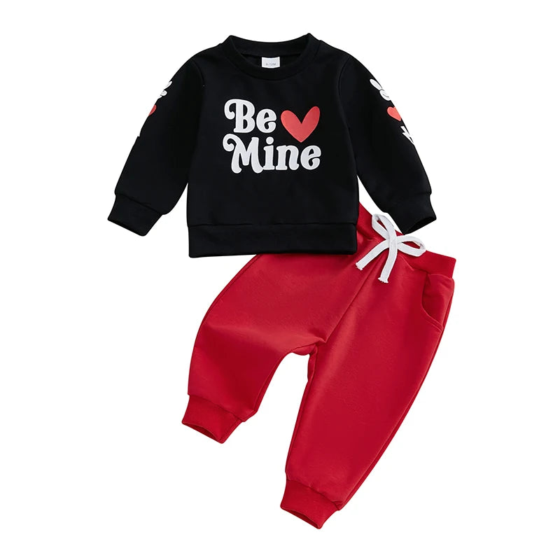 Baby Toddler Girls Boys 2Pcs Be Mine / Lucky Valentine's Day & St. Patrick's Day Outfit Letter Print Long Sleeve O-Neck Top with Solid Long Pants Valentines Jogger Set