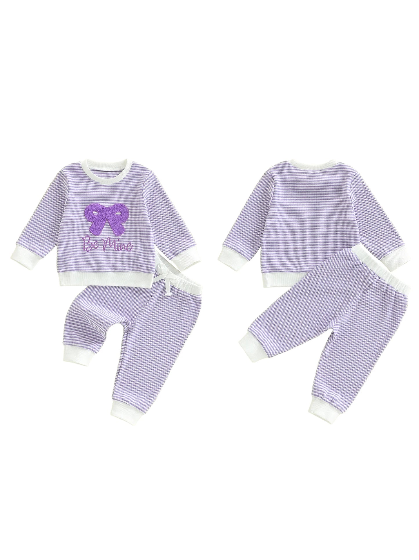 Baby Toddler Girl 2Pcs Valentine's Day Outfit Striped Bow Letter Be Mine / Love Embroidered Long Sleeve Top and Pants 2 Jogger Set