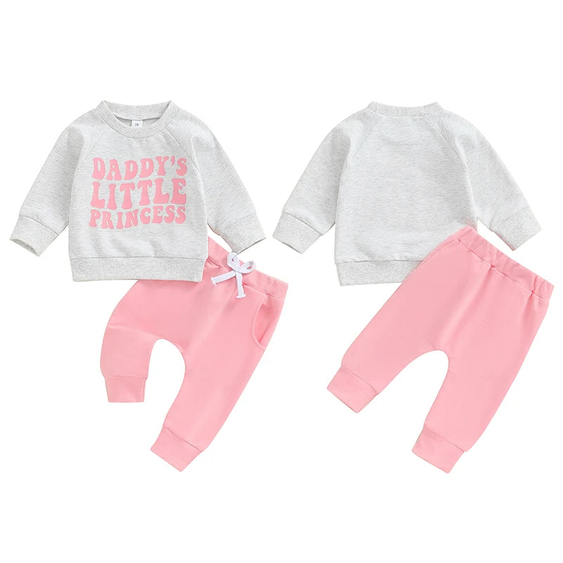 Baby Toddler Girls 2Pcs Daddy's Little Princess Long Sleeve Letter Print Top Solid Color Pants Outfit Set