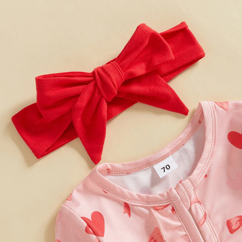 Baby Girls 2Pcs Valentine’s Day Outfit Long Sleeve Heart Bow Print Ruffle Jumpsuit Zipper Romper with Headband Set Valentines