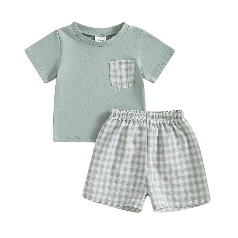 Baby Toddler Boys 2Pcs Summer Spring Outfit Pocket Round Neck Short Sleeve Top with Plaid Pattern Shorts Set