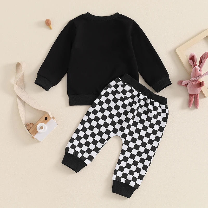 Baby Toddler Boys 2Pcs Autumn Outfit Long Sleeve O Neck Top Bunny Rabbit Ears Pocket Checkered Print Pants Set