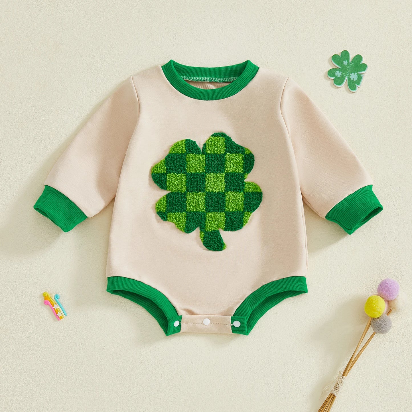 Baby Boys Girls St.Patricks Day Romper Long Sleeve Round Neck Shamrock Embroidery Bodysuit Playsuit