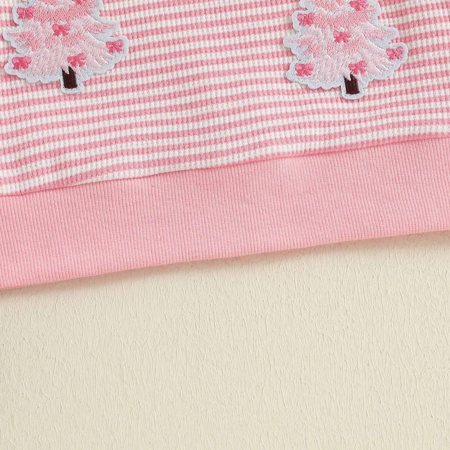 Baby Toddler Girl Christmas Top Christmas Tree Embroidered Striped Crew Neck Long Sleeve Pullover