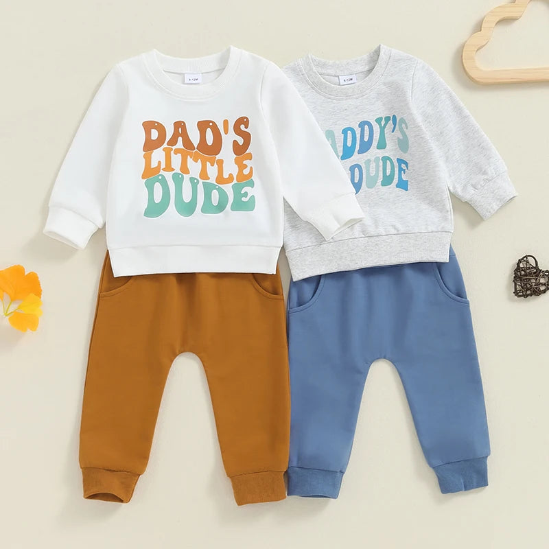 Baby Toddler Boys 2Pcs Dad's Little Dude Fall Outfit Letter Print Long Sleeve Round Neck Top and Solid Color Pants Set