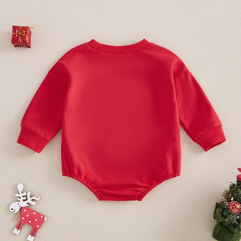 Baby Girls Boys Holly Jolly Christmas Bubble Romper Antler Letter Embroidered Long Sleeve Round Neck Jumpsuit